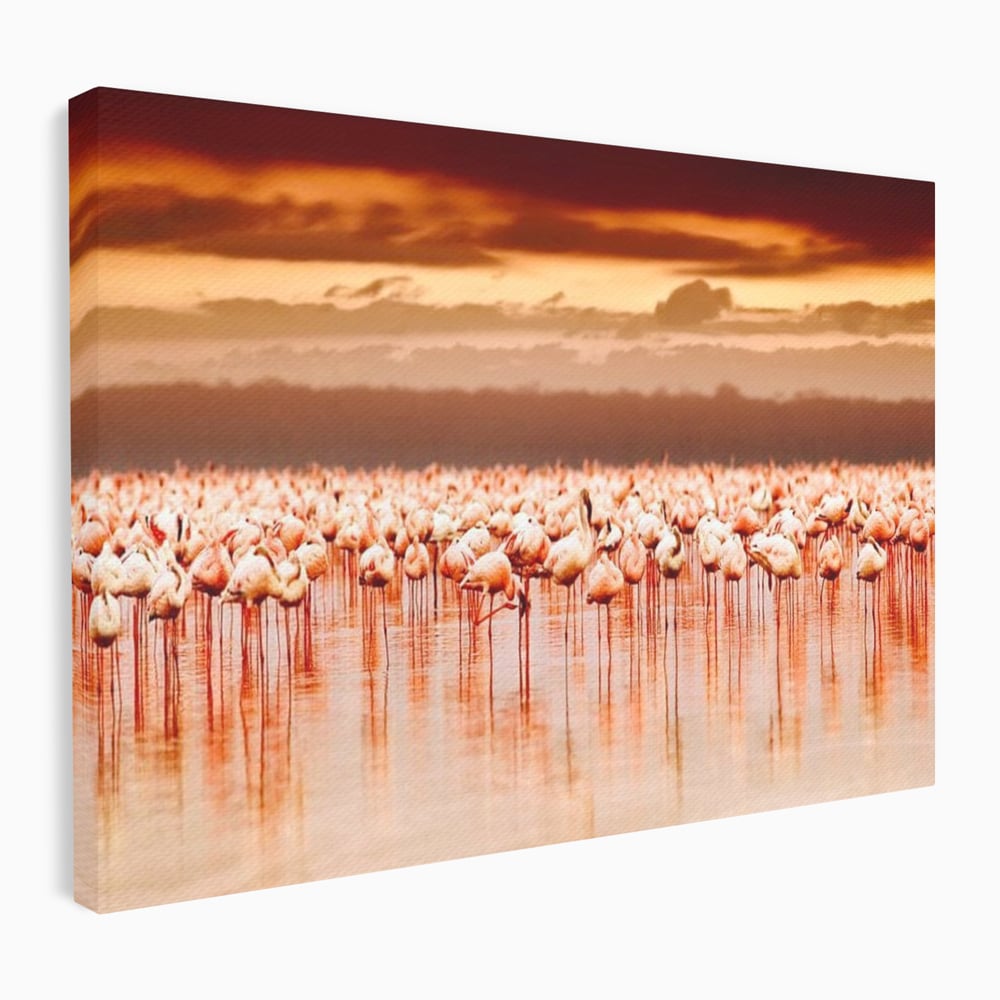 Tablou canvas cu tablou canvas cu stol de flamingo la apus, fara rama, pe sasiu de lemn